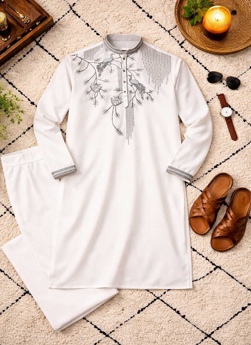 White color embroidery sequence work viscose silk kurta payjama set