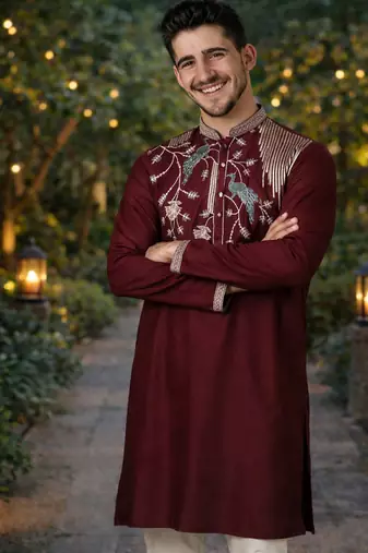 wine viscose silk kurta set with embroidery work