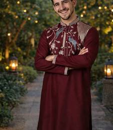 Wine color embroidery sequence work viscose silk kurta payjama set
