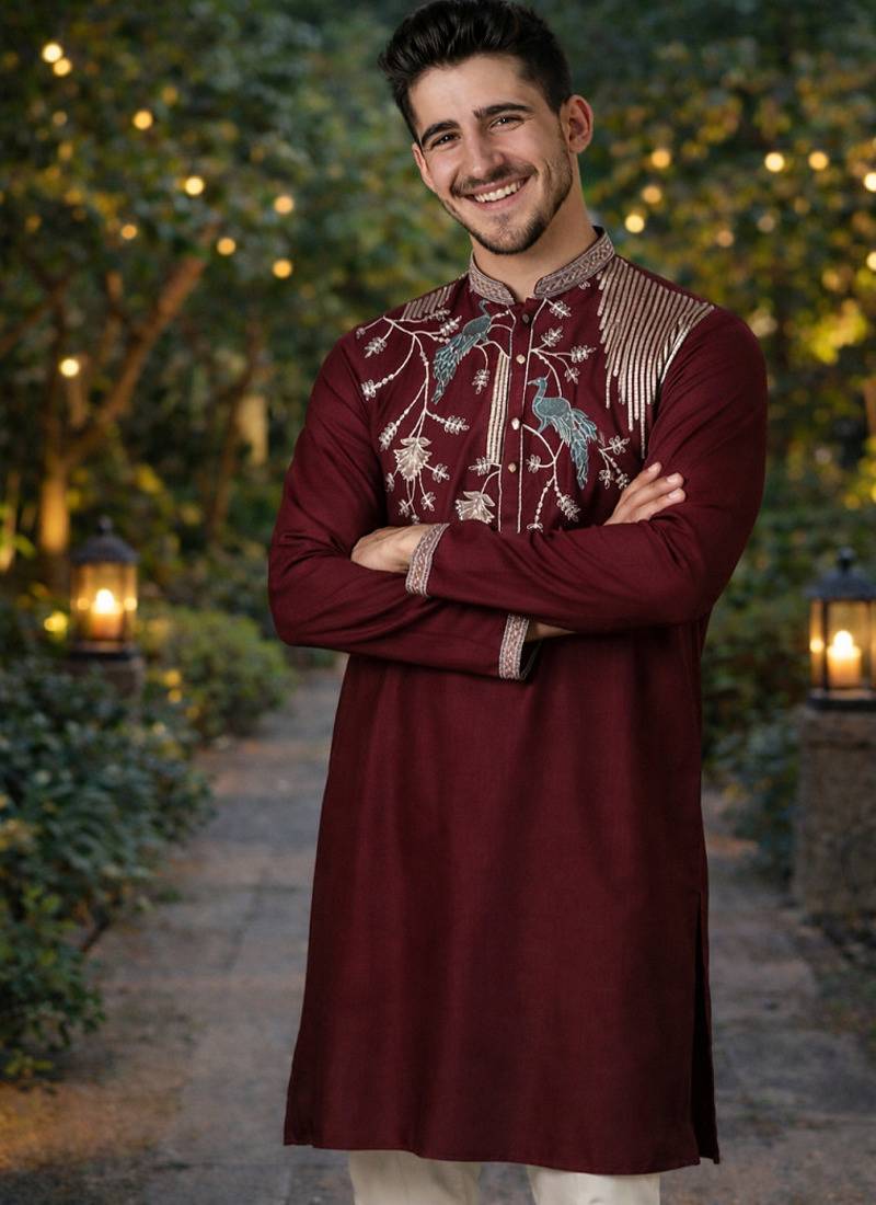 Wine color embroidery sequence work viscose silk kurta payjama set