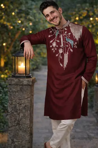 wine viscose silk kurta set with embroidery work