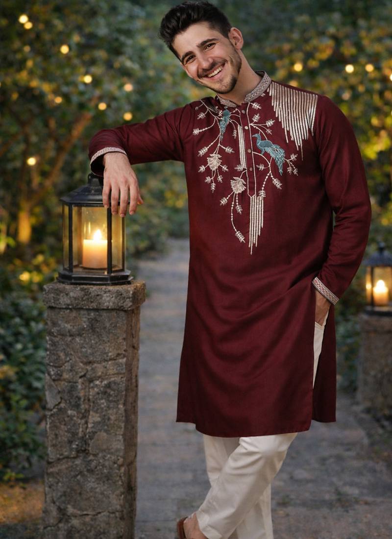 Wine color embroidery sequence work viscose silk kurta payjama set
