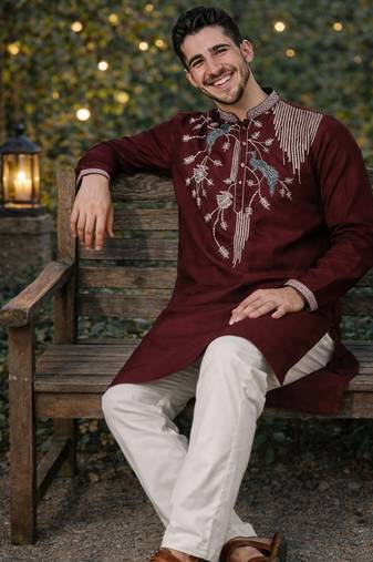 Wine color embroidery sequence work viscose silk kurta payjama set