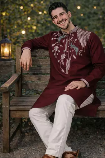 Wine color embroidery sequence work viscose silk kurta payjama set