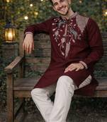 Wine color embroidery sequence work viscose silk kurta payjama set