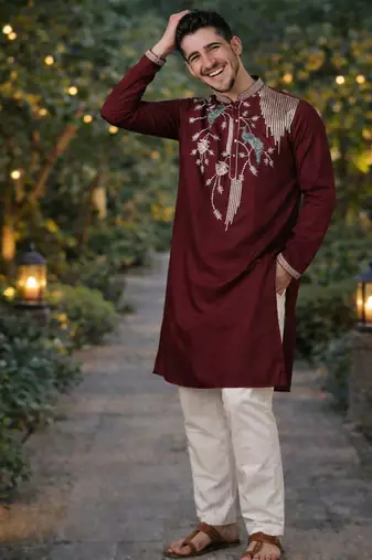 wine viscose silk kurta set with embroidery work