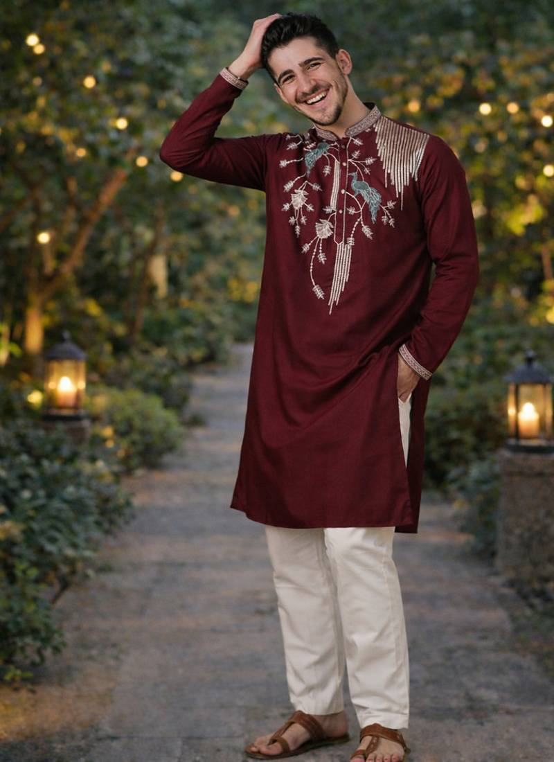 Wine color embroidery sequence work viscose silk kurta payjama set