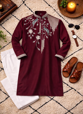 wine viscose silk kurta set with embroidery work 5
