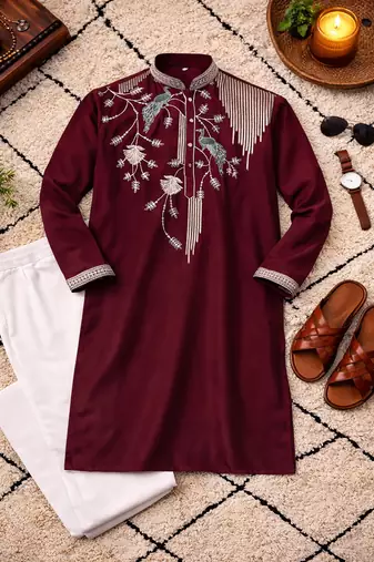 wine viscose silk kurta set with embroidery work