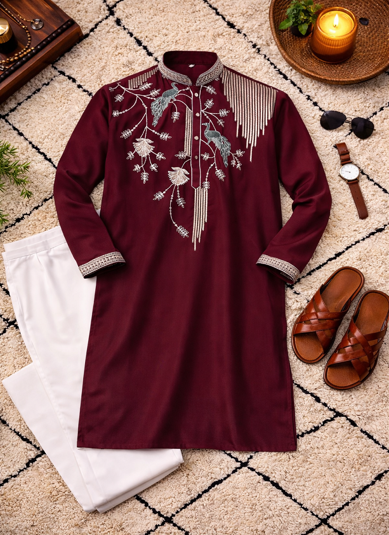 Wine color embroidery sequence work viscose silk kurta payjama set