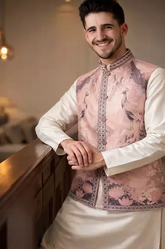 lavender silk kurta pajama with woven koti
