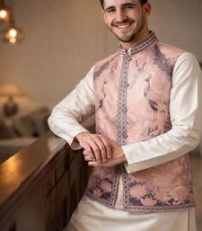 Lavender color plain slub silk kurta koti pant set