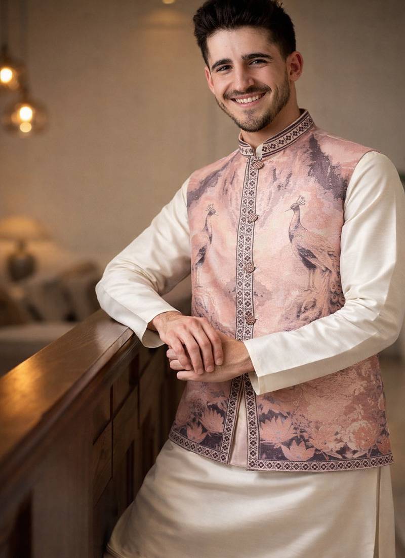 Lavender color plain slub silk kurta koti pant set