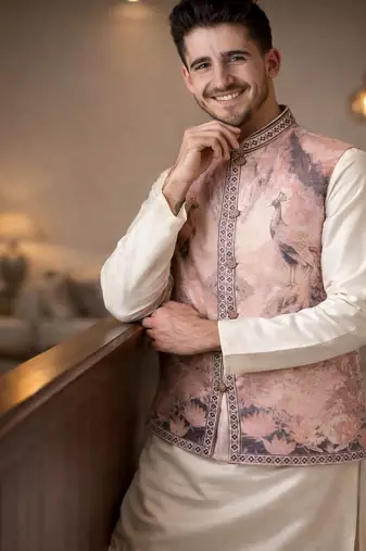 lavender silk kurta pajama with woven koti