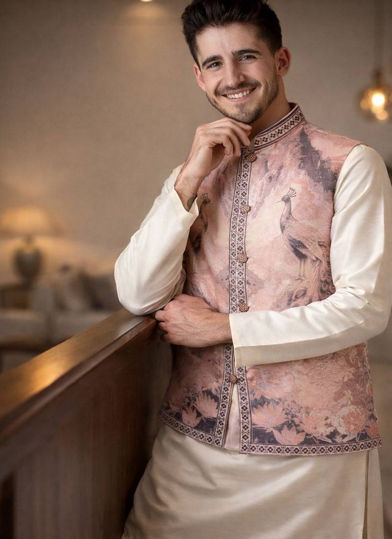 Lavender color plain slub silk kurta koti pant set