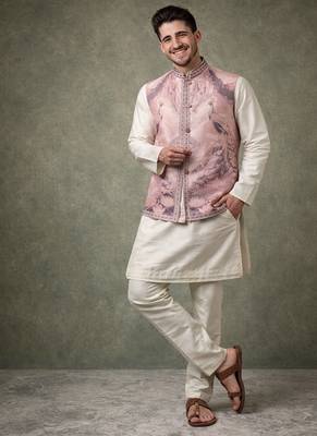 lavender silk kurta pajama with woven koti 1