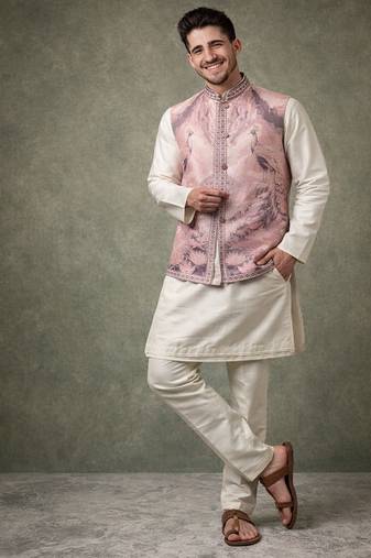 Lavender color plain slub silk kurta koti pant set