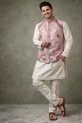 Lavender color plain slub silk kurta koti pant set