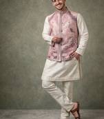 Lavender color plain slub silk kurta koti pant set