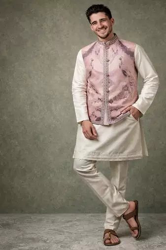 lavender silk kurta pajama with woven koti