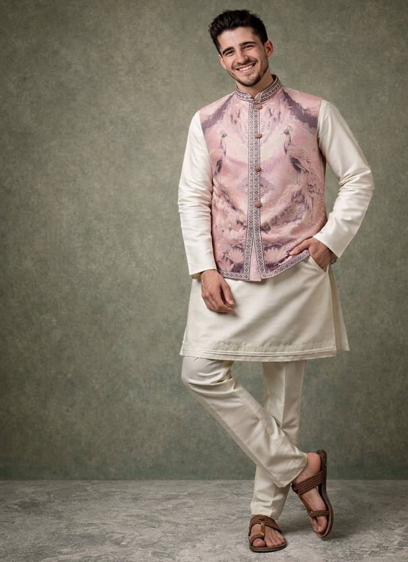 Lavender color plain slub silk kurta koti pant set