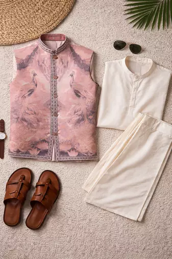 lavender silk kurta pajama with woven koti