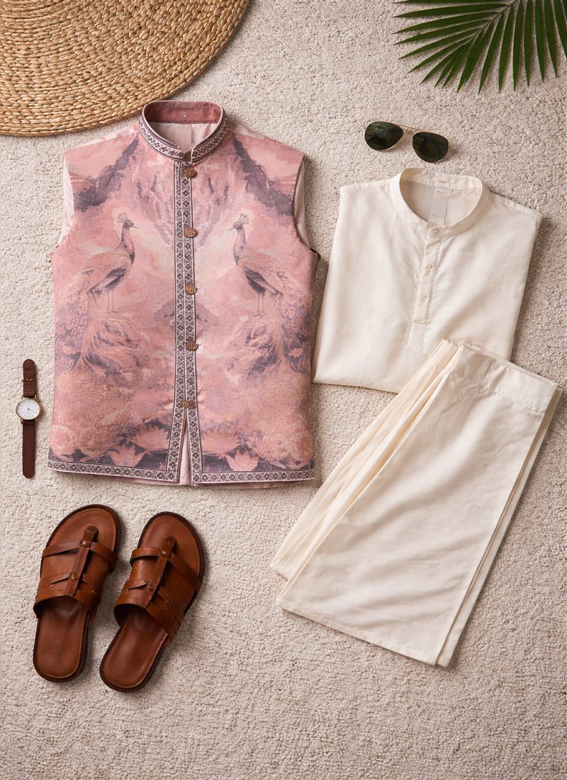 Lavender color plain slub silk kurta koti pant set