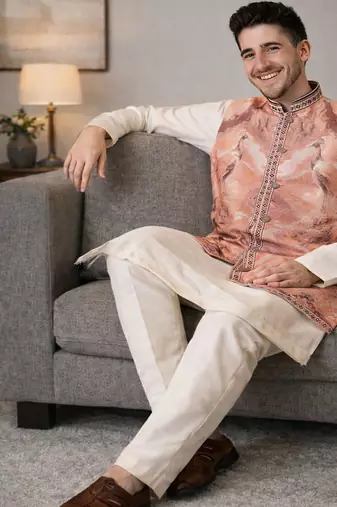 peach silk kurta pajama with woven koti