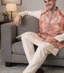 Peach color plain slub silk kurta koti pant set