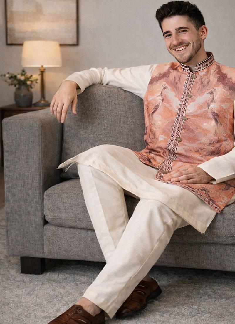 Peach color plain slub silk kurta koti pant set