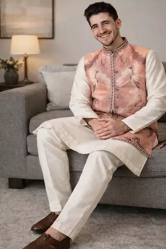peach silk kurta pajama with woven koti