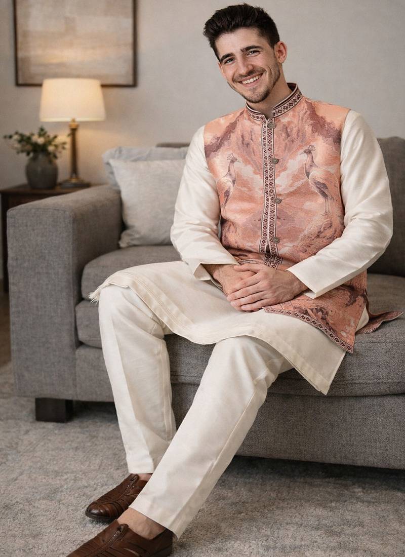 Peach color plain slub silk kurta koti pant set