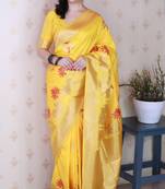 yellow silk blend saree with meenakari zari weaving