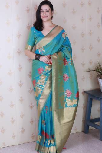 Blue soft silk zari weaving saree with matching blouse piece