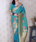 blue soft silk zari weaving saree with matching blouse piece