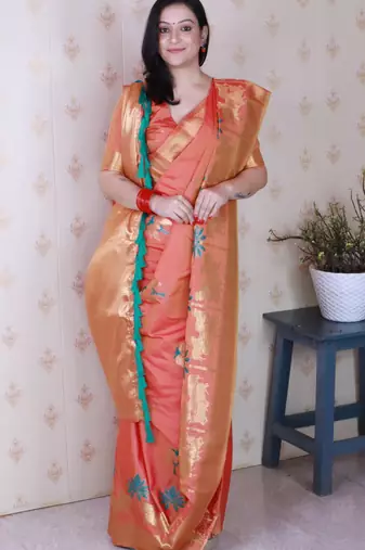 Peach soft silk zari weaving saree with matching blouse piece