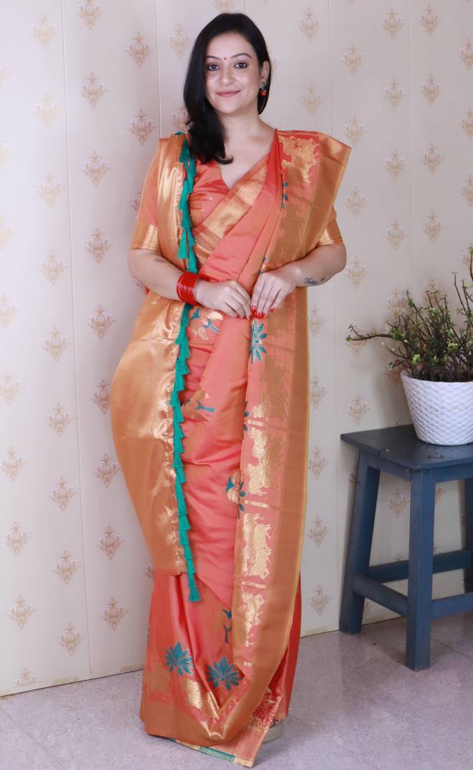 Peach soft silk zari weaving saree with matching blouse piece