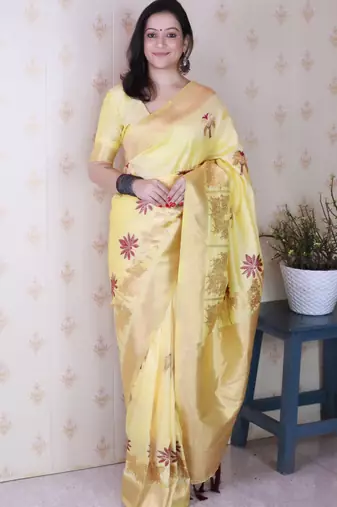 Yellow soft silk zari weaving saree with matching blouse piece