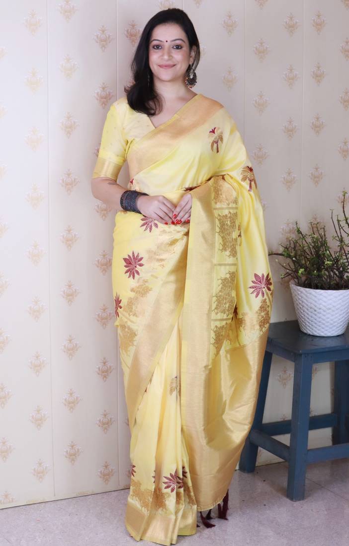 Yellow soft silk zari weaving saree with matching blouse piece