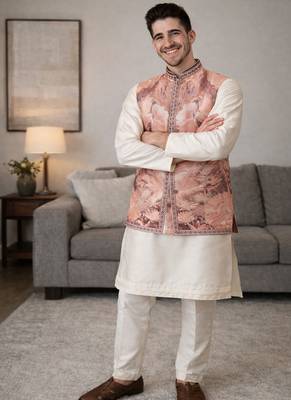 peach silk kurta pajama with woven koti 1