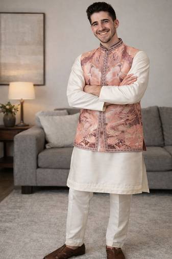 Peach color plain slub silk kurta koti pant set