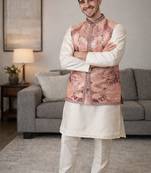 Peach color plain slub silk kurta koti pant set