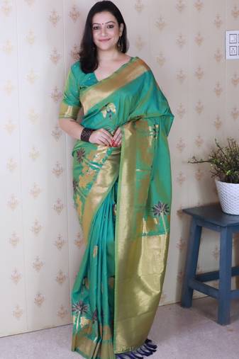 Teal soft silk zari weaving saree with matching blouse piece