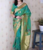 Teal soft silk zari weaving saree with matching blouse piece
