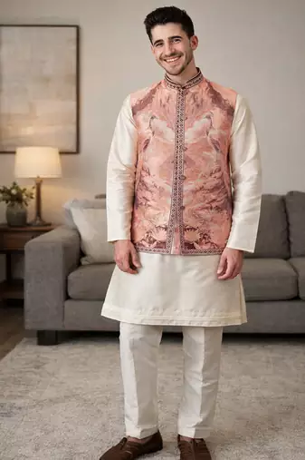 peach silk kurta pajama with woven koti