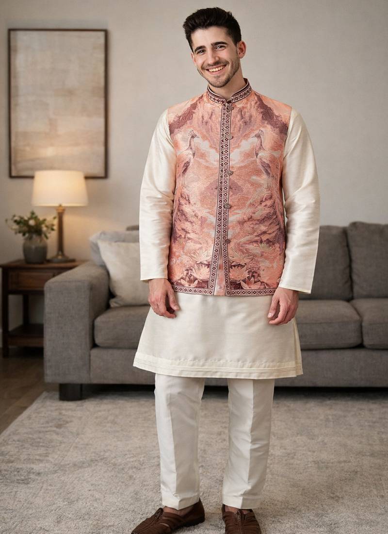 Peach color plain slub silk kurta koti pant set