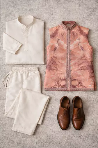 peach silk kurta pajama with woven koti
