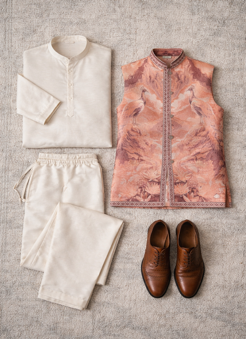 Peach color plain slub silk kurta koti pant set