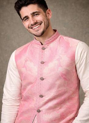 pink silk kurta pajama with woven koti 2