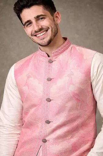 pink silk kurta pajama with woven koti